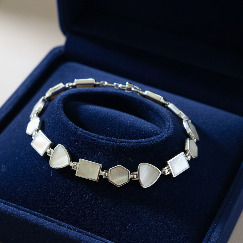 Handmade sterling silver bracelet with mother of pearl. - Katerina Roukouna