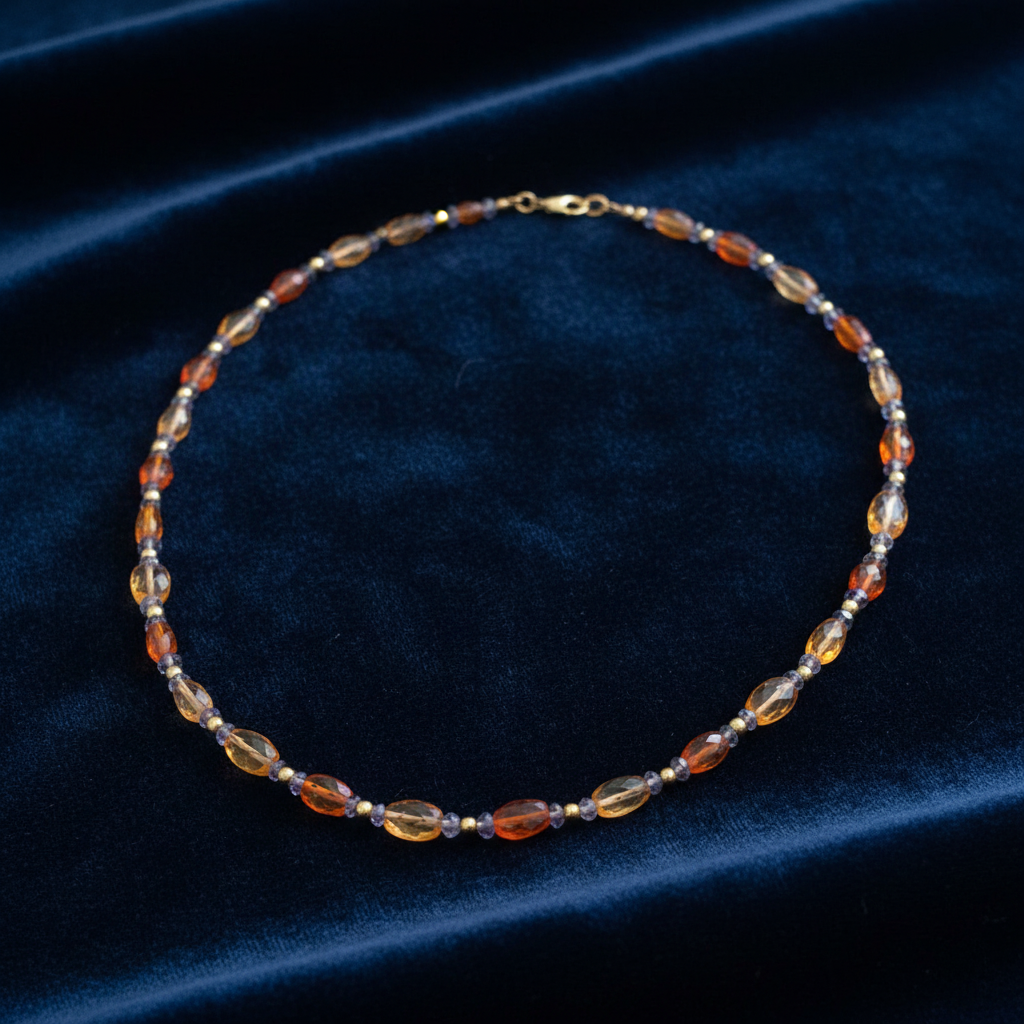 Handmade necklace with fire opals ,invites and 18K gold