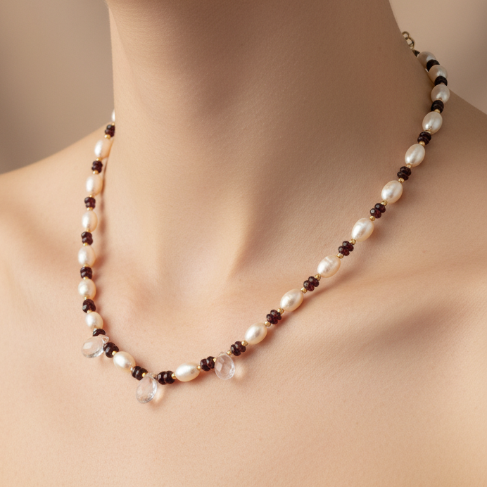 Handmade necklace with pearls, garnets, quartz and 18k gold.