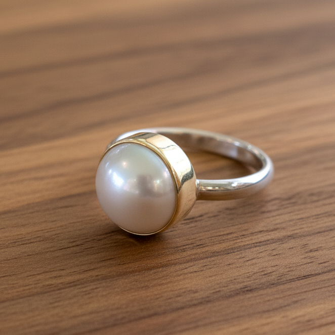 Handmade 18K gold and sterling silver ring with round pearl - Katerina Roukouna