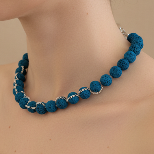 Handmade necklace with blue lava beads and sterling silver chains