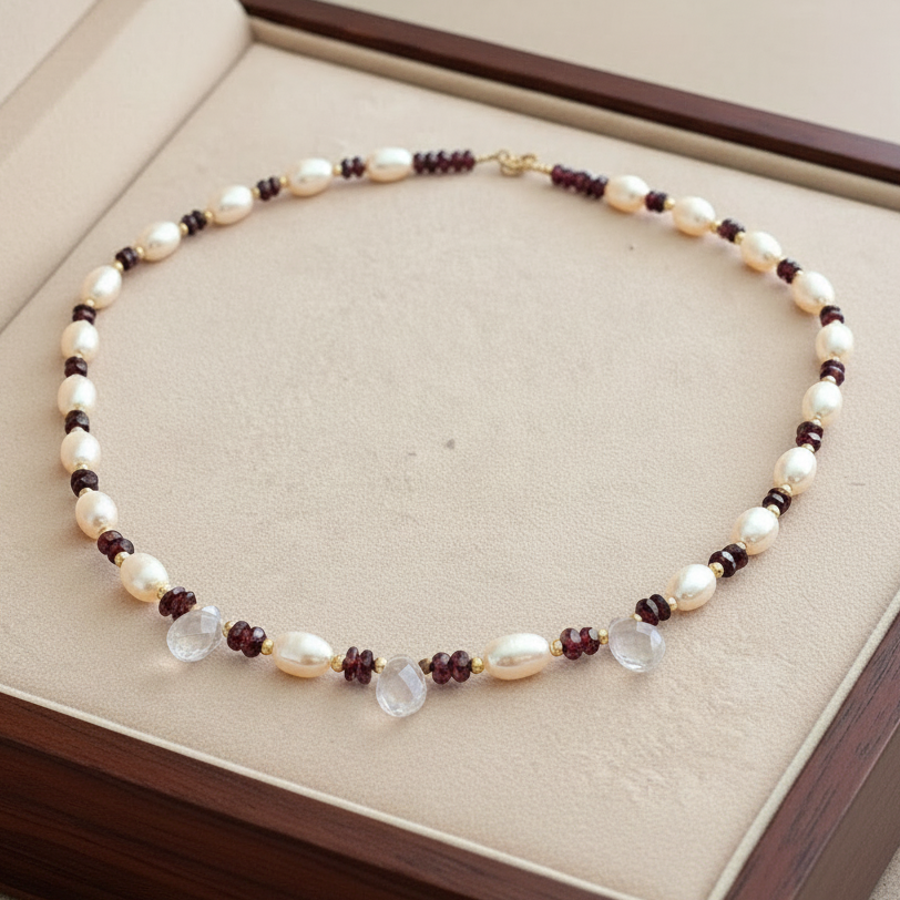 Handmade necklace with pearls, garnets, quartz and 18k gold.