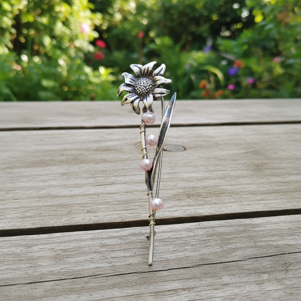 Helianthus with pink pearls- silver brooch - Katerina Roukouna