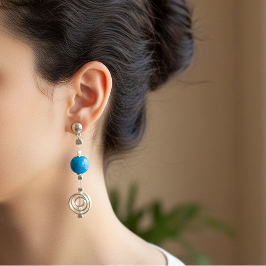 Handmade sterling silver earrings with spirals and turquoise - Katerina Roukouna