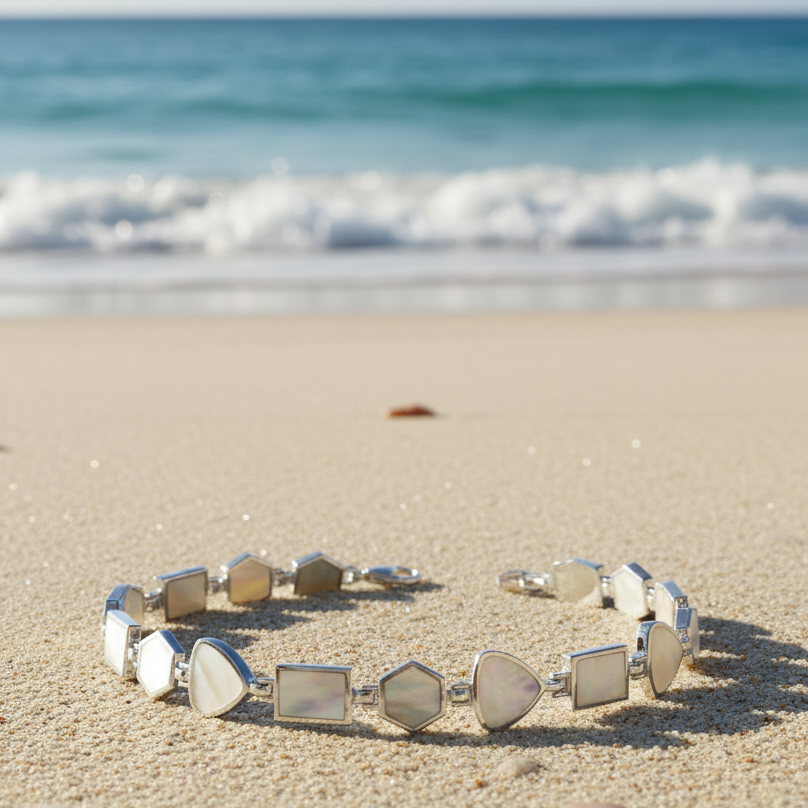 Handmade sterling silver bracelet with mother of pearl. - Katerina Roukouna