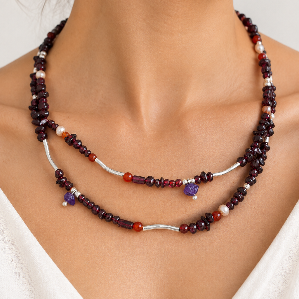 Handmade  necklace with garnets, pearls, cornelians and sterling silver