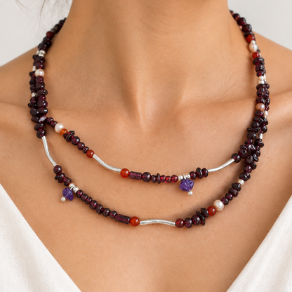 Handmade  necklace with garnets, pearls, cornelians and sterling silver
