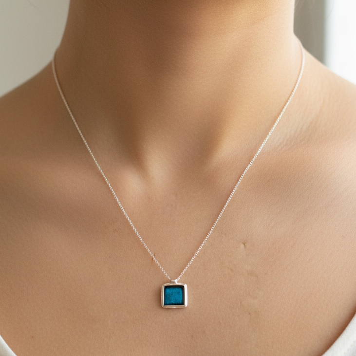 Square blue sterling silver  pendant - Katerina Roukouna