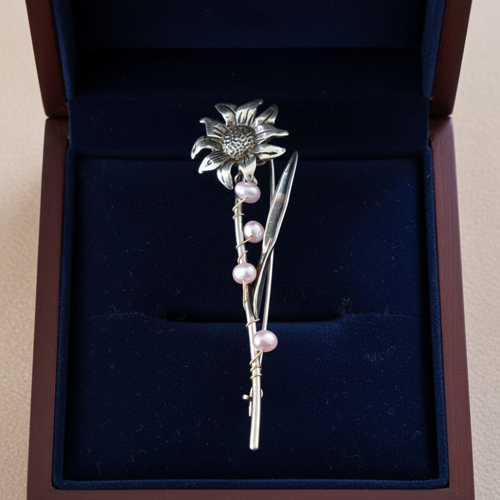 Helianthus with pink pearls- silver brooch - Katerina Roukouna