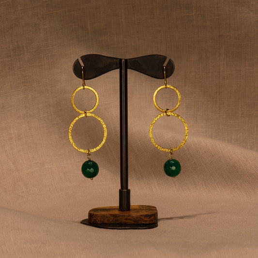 Double circles silver earrings with green agates