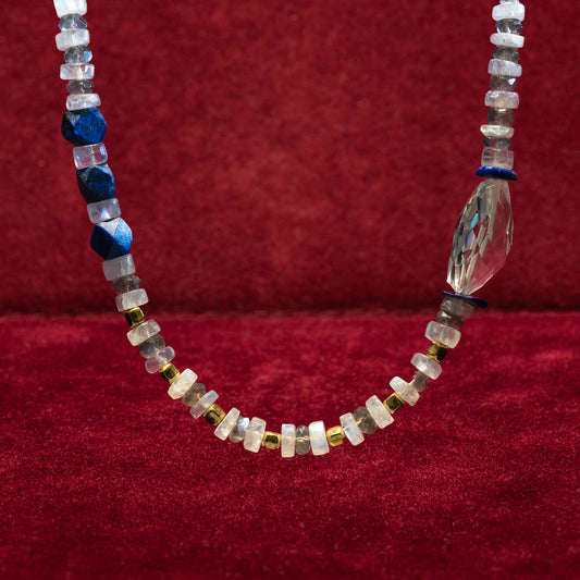 Moonstones,labradorites,lapis lazouli,quartz and 18K gold necklace