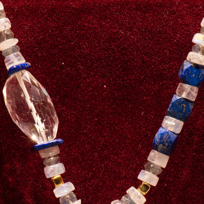 Moonstones,labradorites,lapis lazouli,quartz and 18K gold necklace