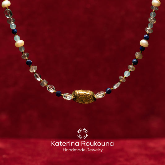 Moonstones,lapis lazouli,aquamarines and 18k gold necklace