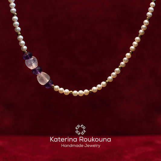 Pearls,amethysts, rose quartz and 18k gold necklace