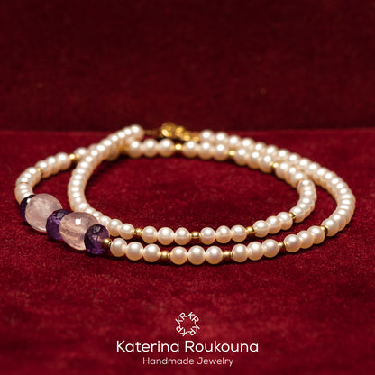 Pearls,amethysts, rose quartz and 18k gold necklace