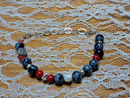 Handmade bracelet with onyx, corals, sterling silver and a pearl