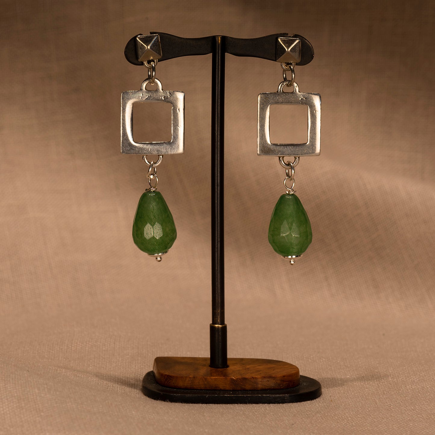 Square sterling silver earrings with green agates