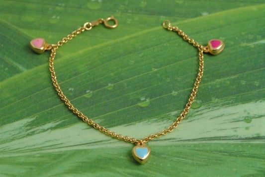 14k gold bracelet for childrens with three hearts painted with enamel .One blue and two pink