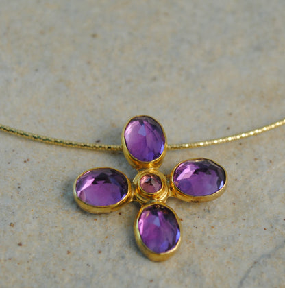 18k Gold and silver cross with amethysts