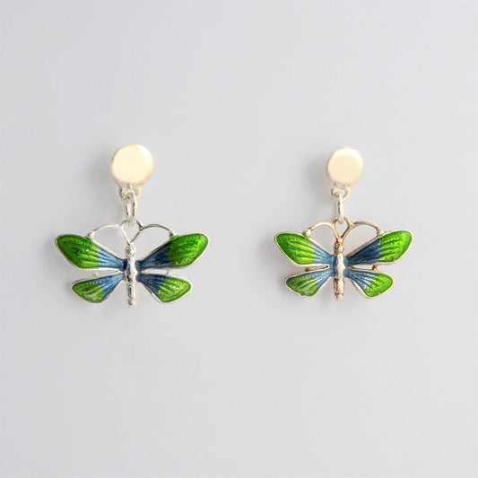 Blue green butterflies silver earrings