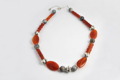 Cornelians, grey agates and sterling silver ethnic necklace.