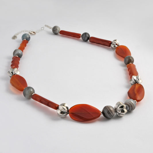 Cornelians, grey agates and sterling silver ethnic necklace.