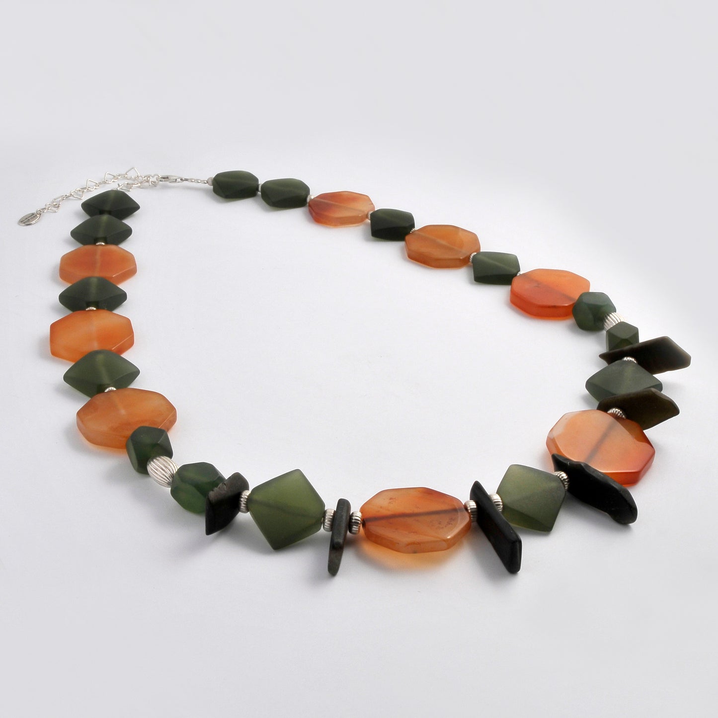 Ethnic necklace with Jade,Cornelians and Sterling silver.