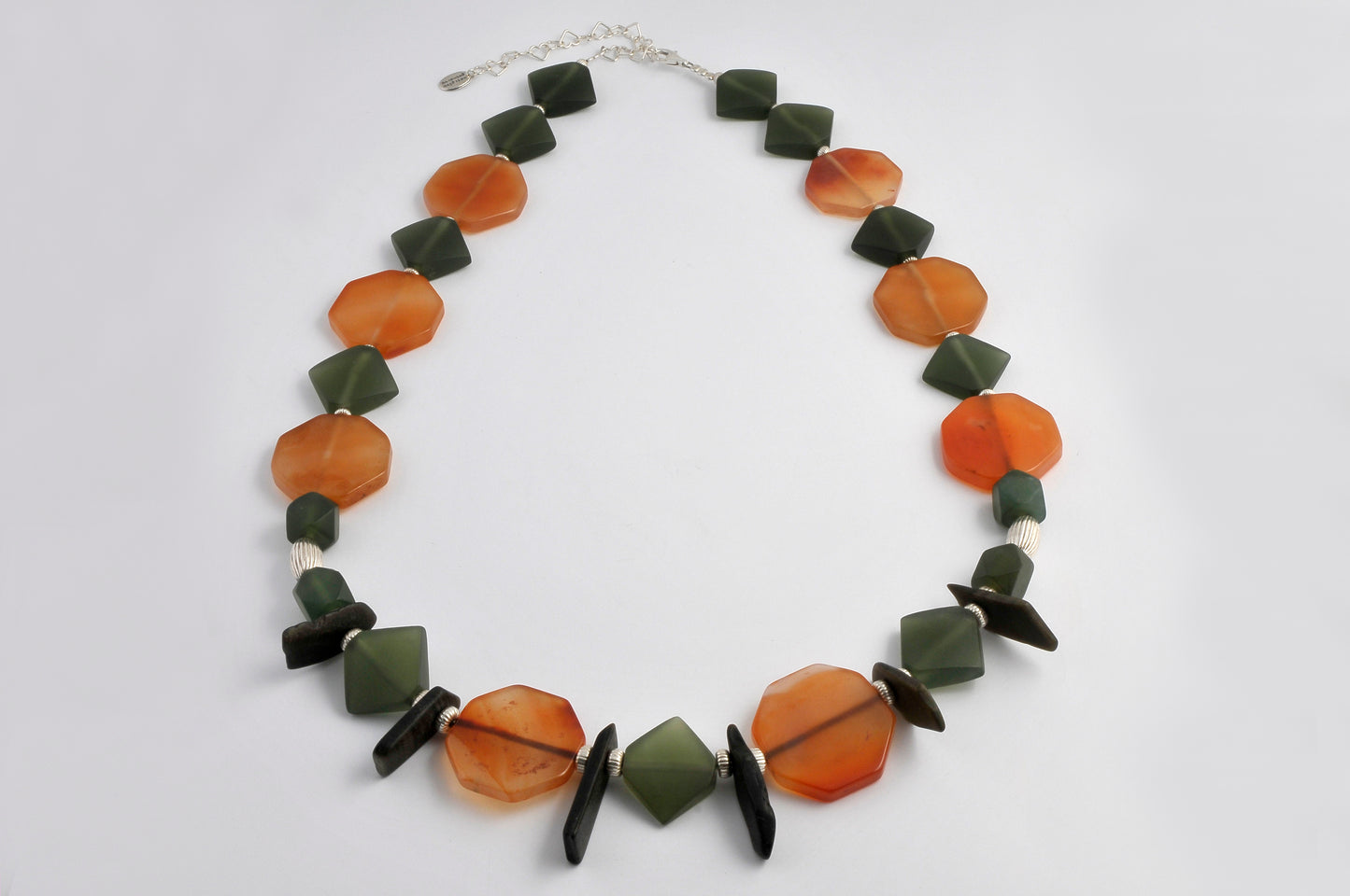 Ethnic necklace with Jade,Cornelians and Sterling silver.