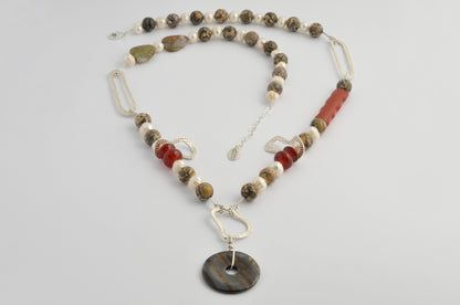 Hematite, jade,cornelians and pearls with silver necklace