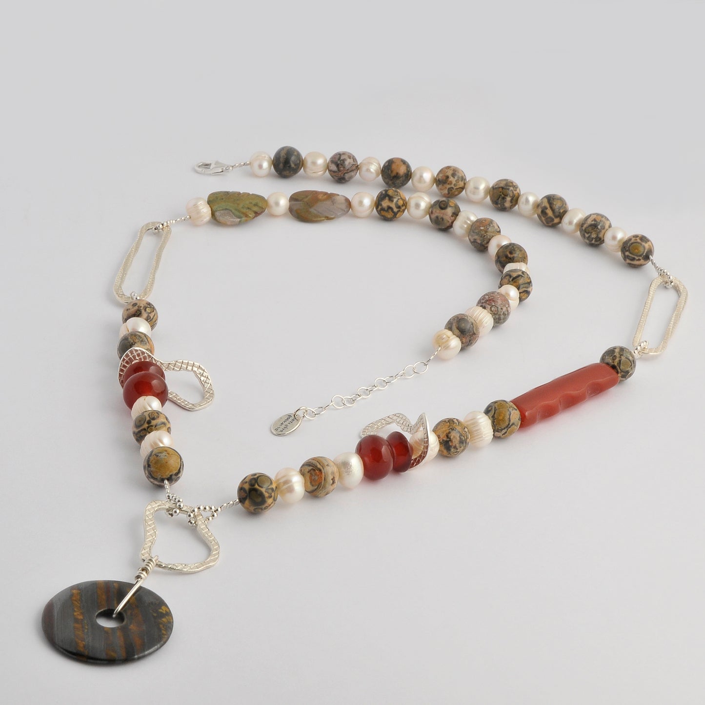 Hematite, jade,cornelians and pearls with silver necklace