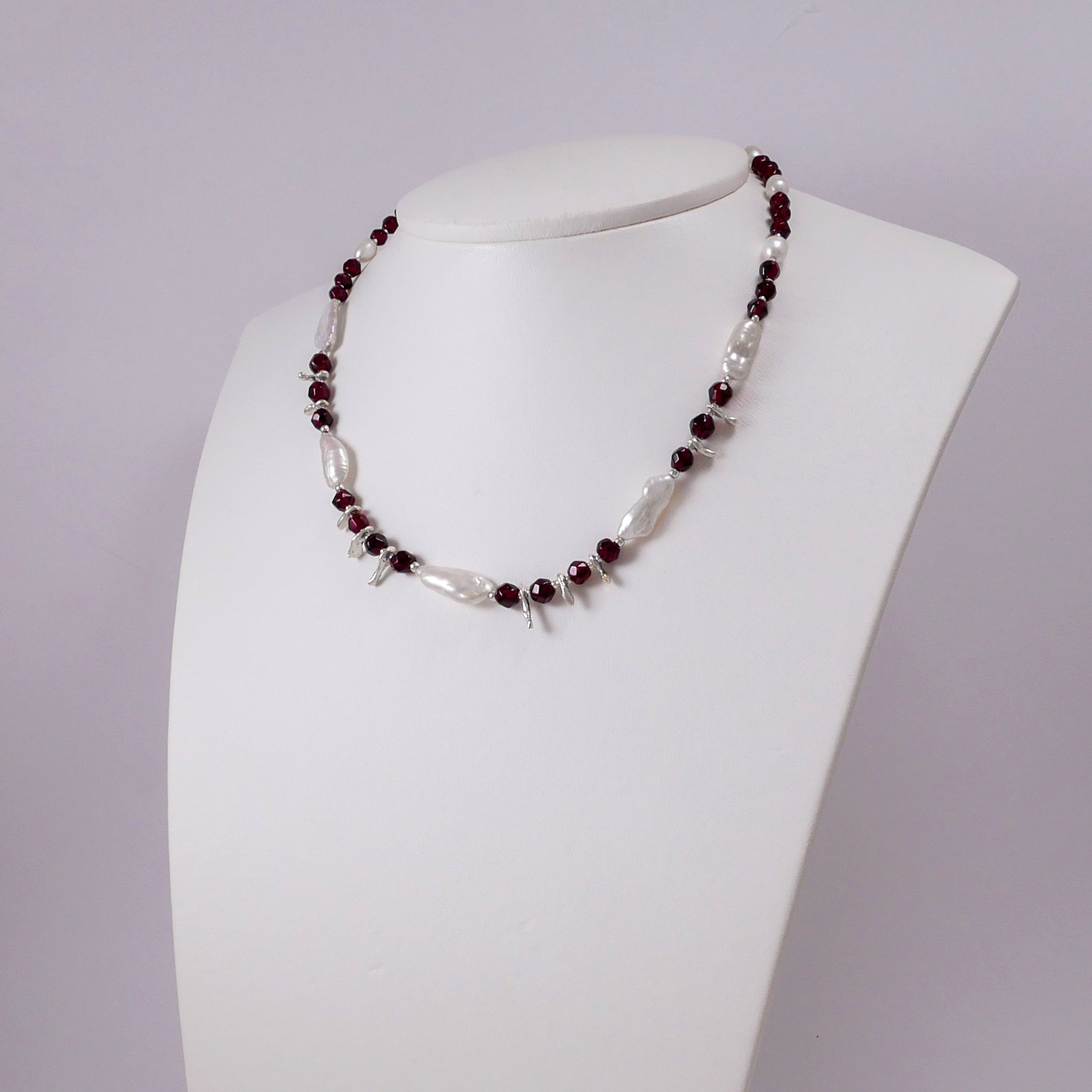 Faceted Garnets, Pearls, and Sterling Silver Necklace - Katerina Roukouna
