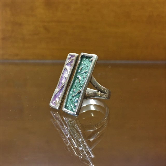 Gold plated sterling silver ring with green and purple enamel