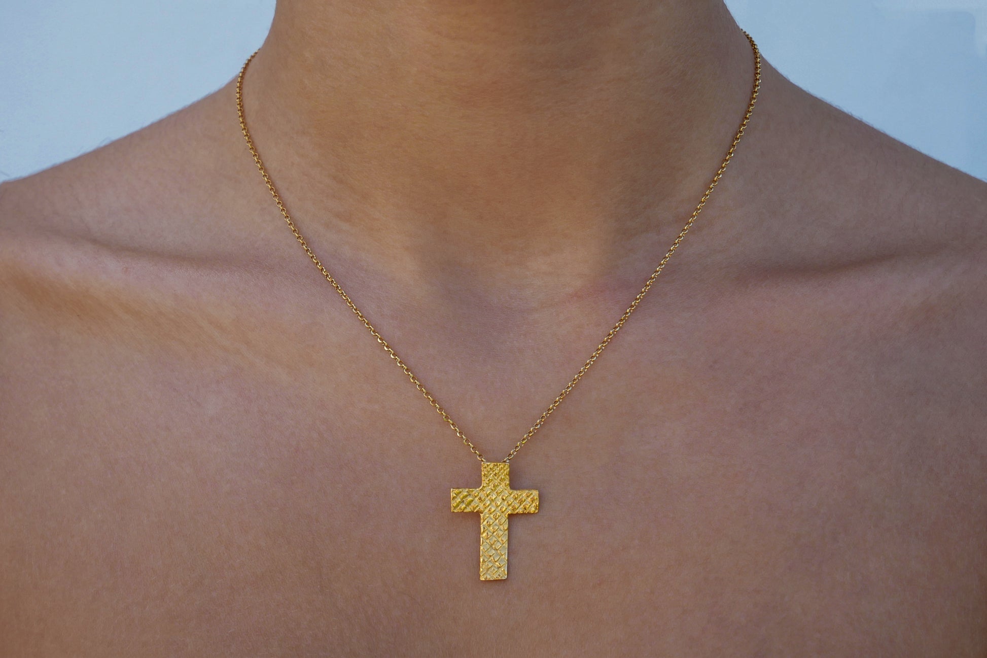 Medium Gold Plated Textured Cross - Katerina Roukouna