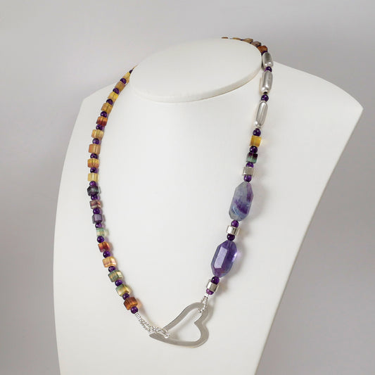 Fluorites, Amethysts, and Sterling Silver Heart Necklace - Katerina Roukouna