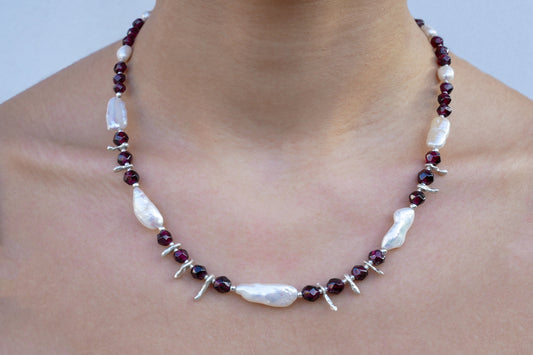 Faceted Garnets, Pearls, and Sterling Silver Necklace - Katerina Roukouna
