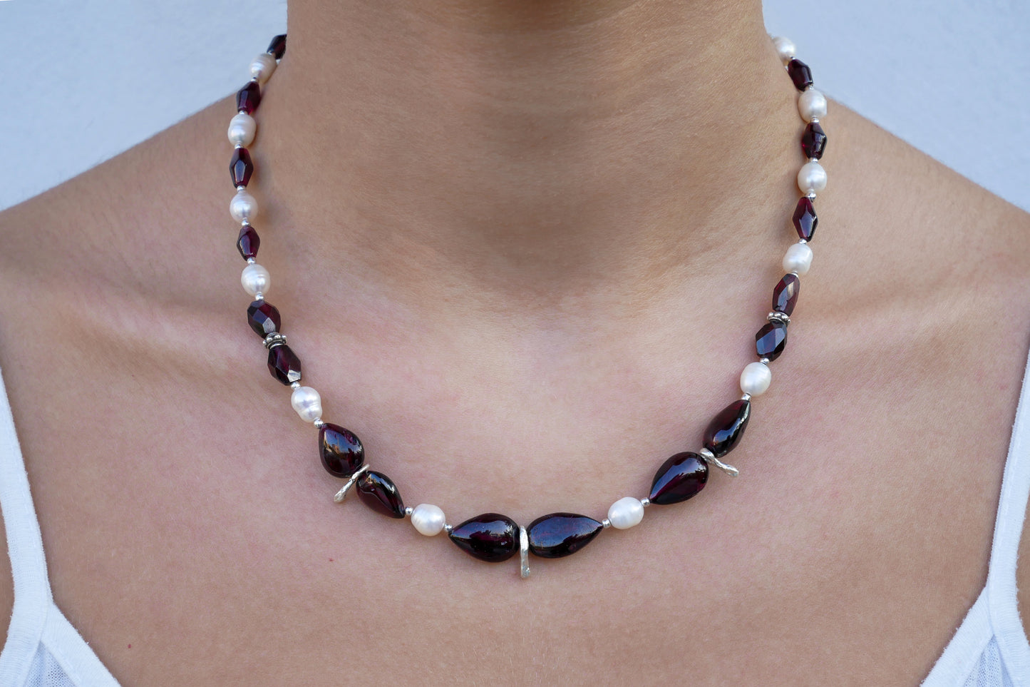 Drop Shaped Garnets, Pearls, and Melted Silver Necklace - Katerina Roukouna