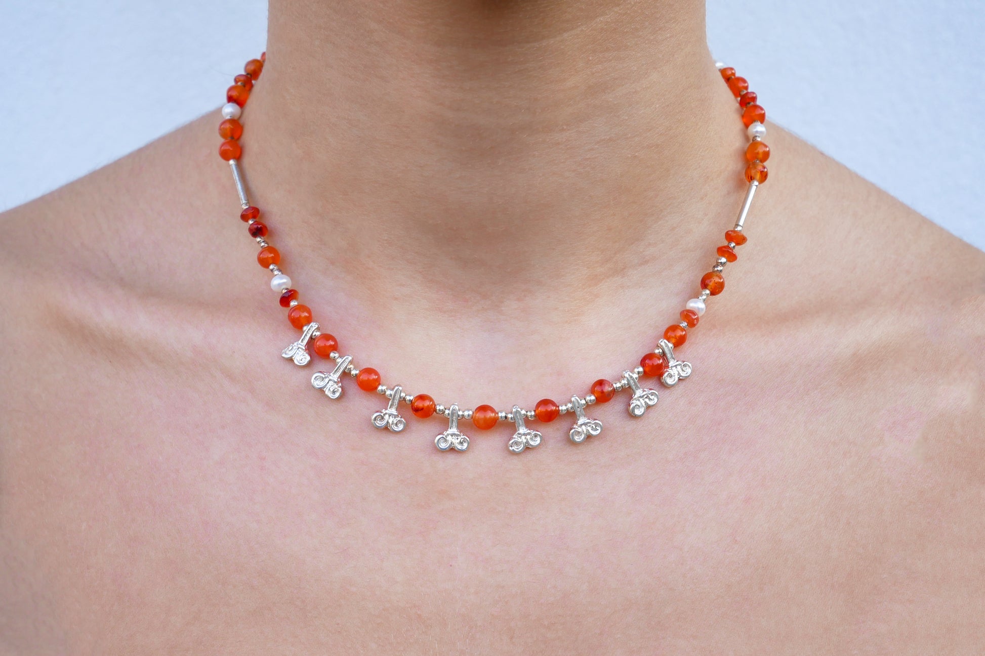 Carnelians, Pearls, and Silver Lilies Necklace - Katerina Roukouna