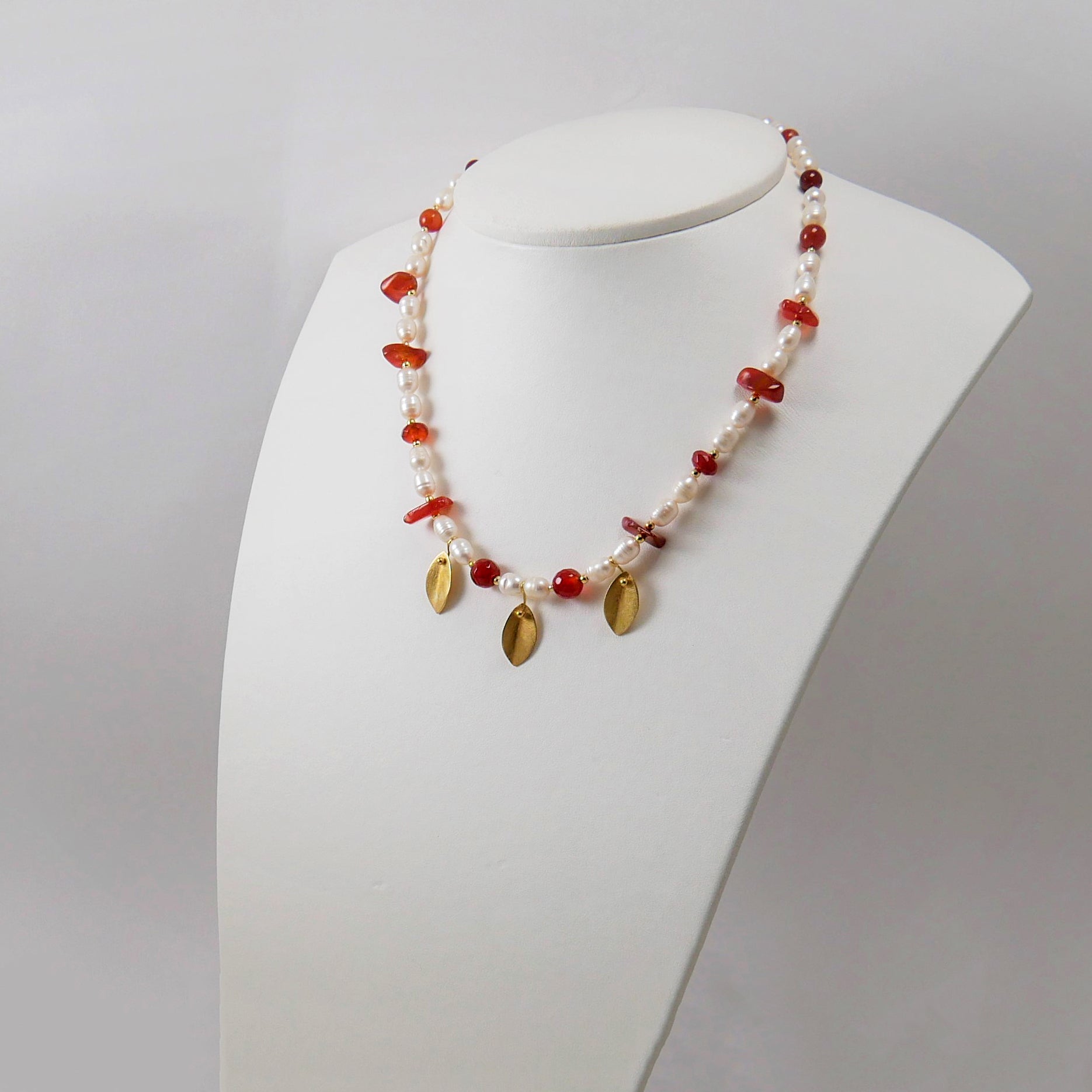 Pearls, Carnelians and Gold Plated Sterling Silver Leaves Necklace - Katerina Roukouna