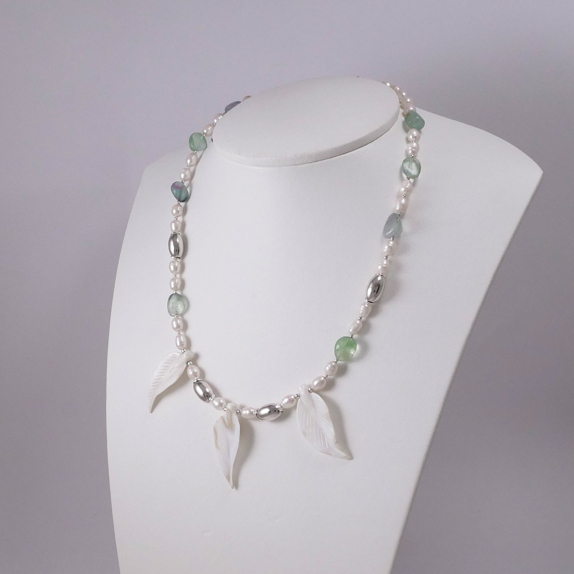 Pearls, Fluorites, Mother of Pearl Leaves, and Sterling Silver Necklace - Katerina Roukouna