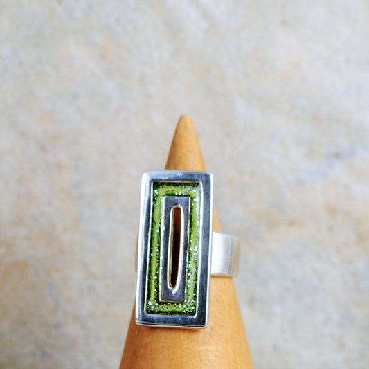 Rectangle  green silver ring