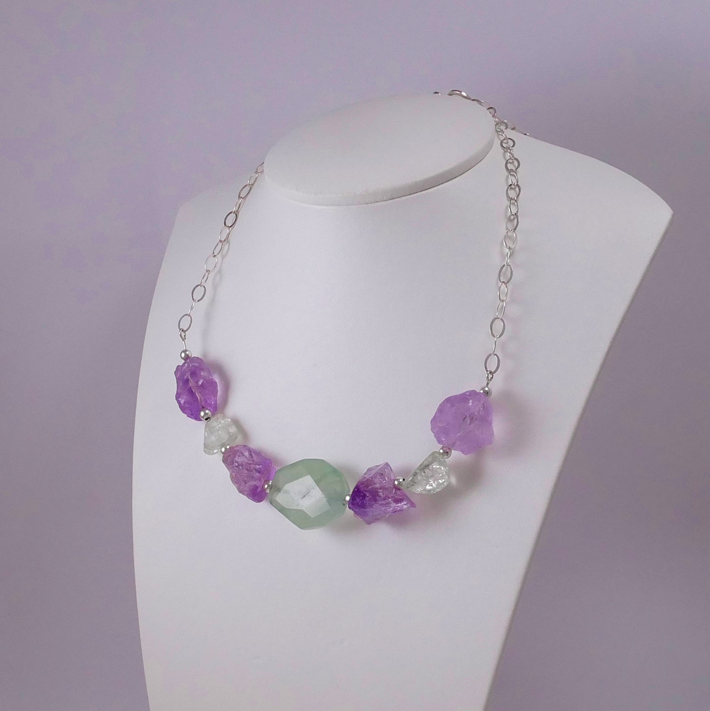 Raw Amethysts, Fluorite, Quartz, and Sterling Silver Necklace - Katerina Roukouna