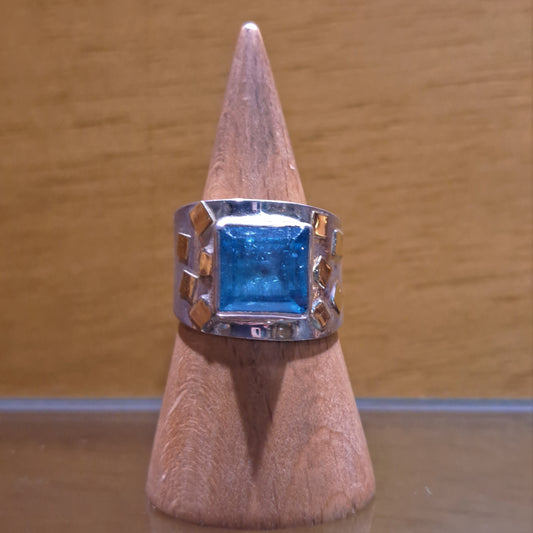 Handmade silver ring with aquamarine and 14K gold.