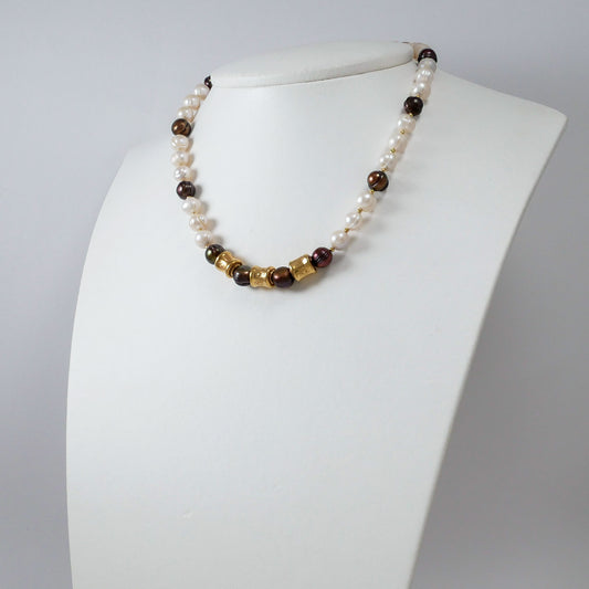 White-Brown Pearls & Gold Plated Silver Necklace