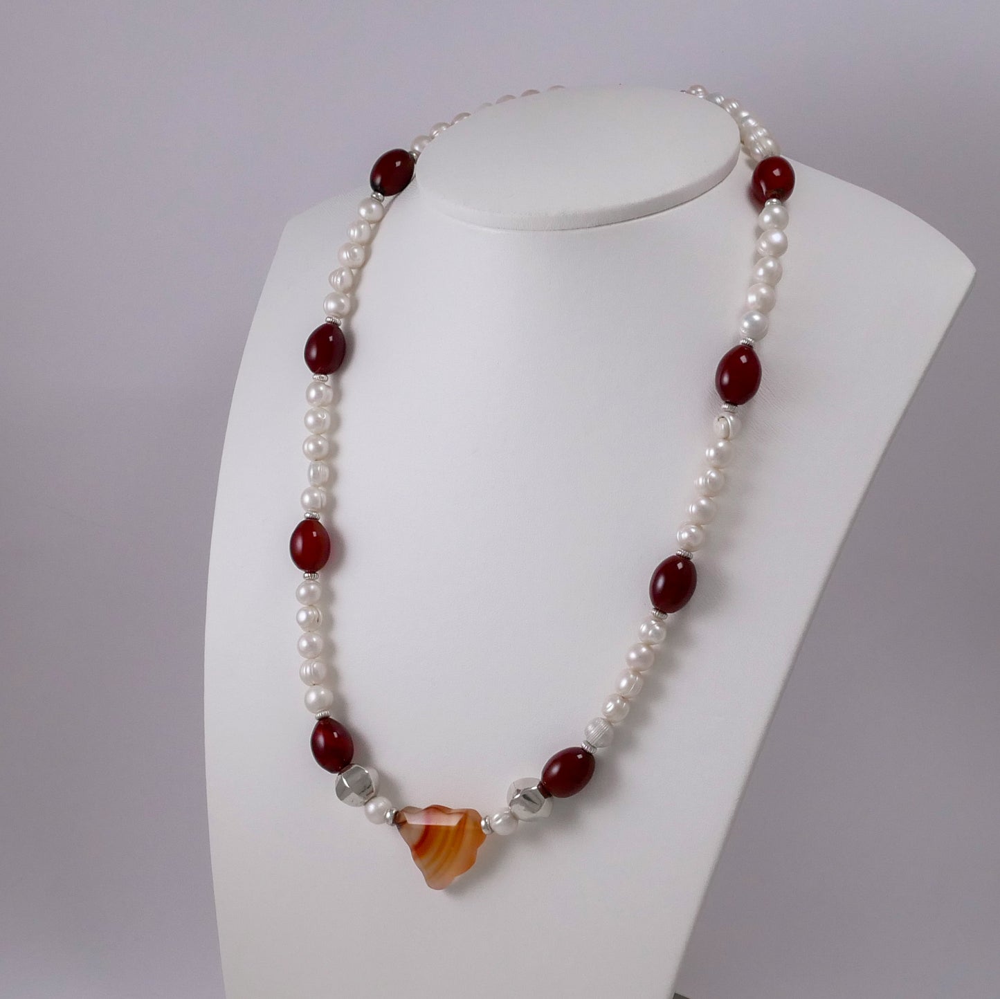 Pearls, Carnelians, Agates, and Sterling Silver Necklace - Katerina Roukouna