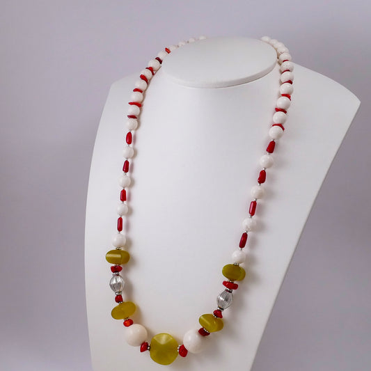 White & Red Corals w' Olive Jade and Sterling Silver Necklace - Katerina Roukouna